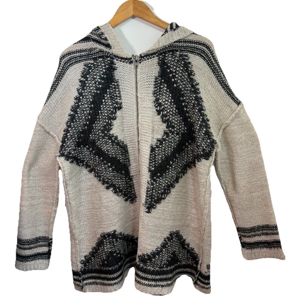 AQUA Chunky Knit Hoodie Sweater L Exposed Seams Casual Ivory Blacks Fringe $88